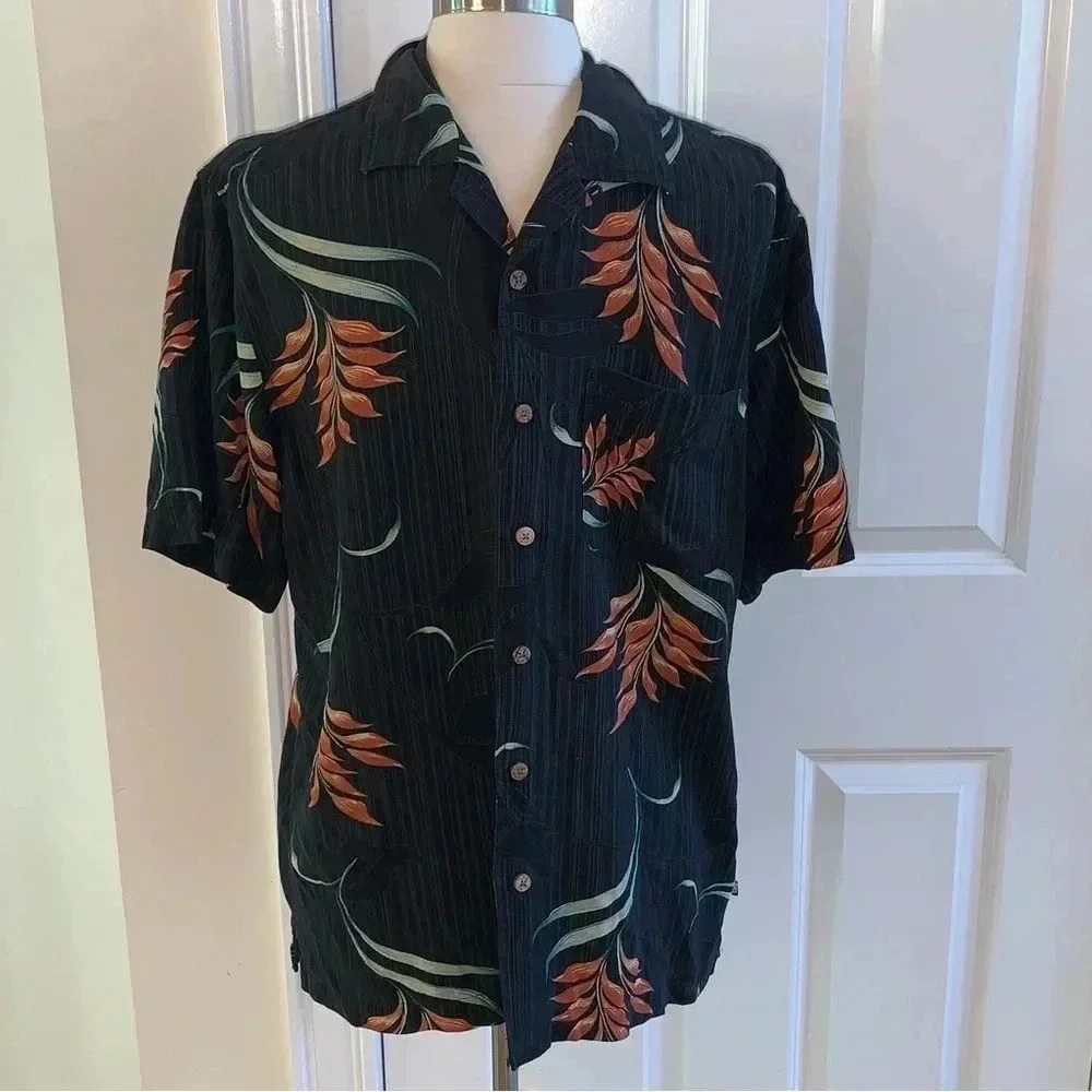 Solitude 100% Silk Hawaiian Shirt Washable Wooden Button Down Men’s Medium Black